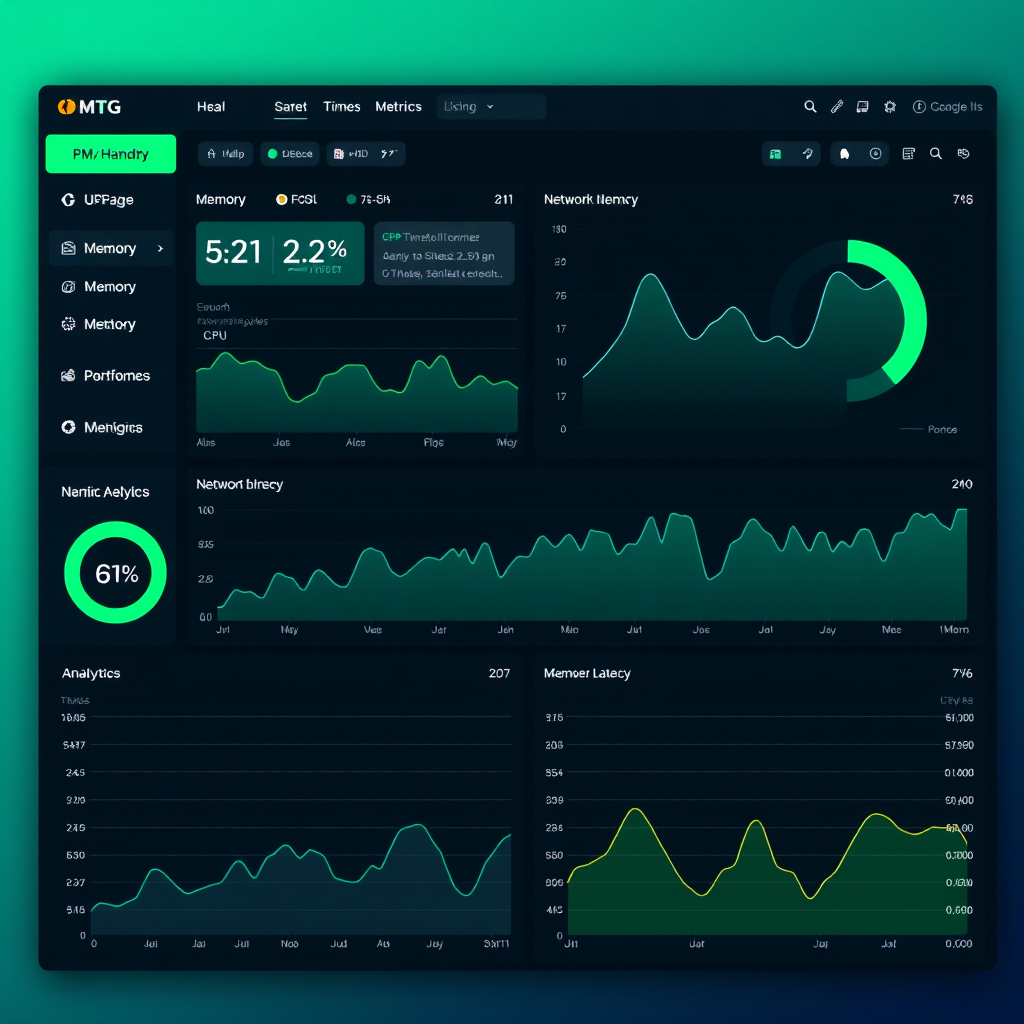 Modern performance monitoring dashboard interface showing real-time metrics, graphs, and analytics in a dark theme with green and turquoise accents, displaying CPU usage, memory consumption, and network latency data