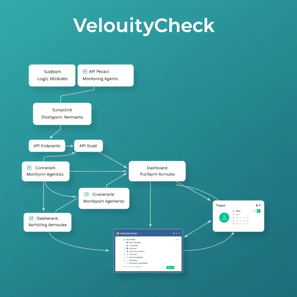 Technical architecture diagram of VelocityCheck showing modular components, data flow between logic modules, API endpoints, monitoring agents, and dashboard interface with connecting lines and technical annotations