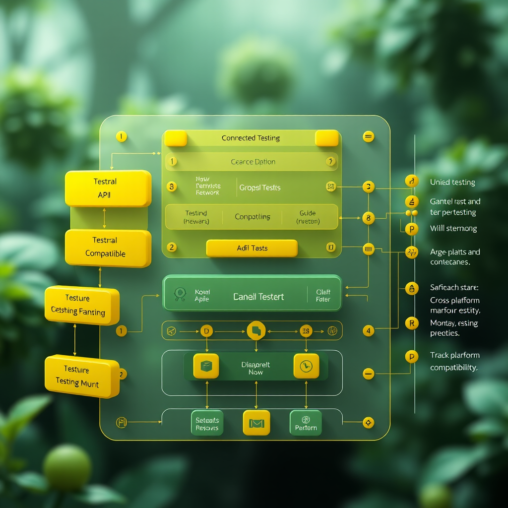 Visualization of unified testing framework architecture showing interconnected modules, standardized APIs, and cross-platform compatibility layers in a futuristic interface design with yellow and lime accents