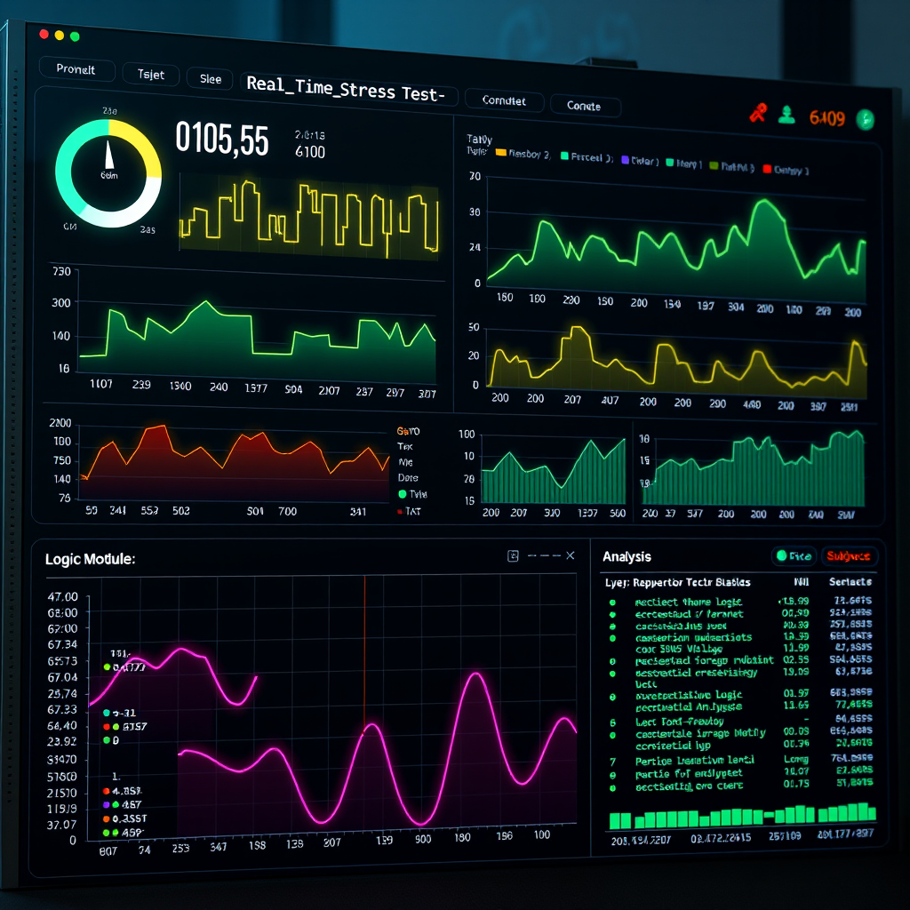 Interactive performance testing dashboard showing real-time metrics, UI stress test results, and logic module analysis with neon-colored graphs and terminal-style interface