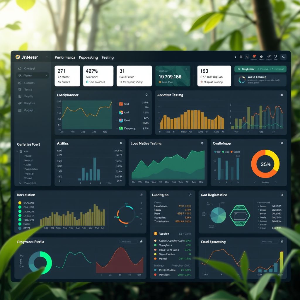 Modern performance testing dashboard showing JMeter, LoadRunner, and Gatling interfaces with cloud-native testing metrics and CI/CD pipeline integration visualizations