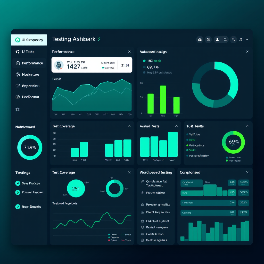 Modern UI testing automation dashboard showing performance metrics, test coverage statistics, and automated testing workflows with turquoise and lime green data visualizations on dark background