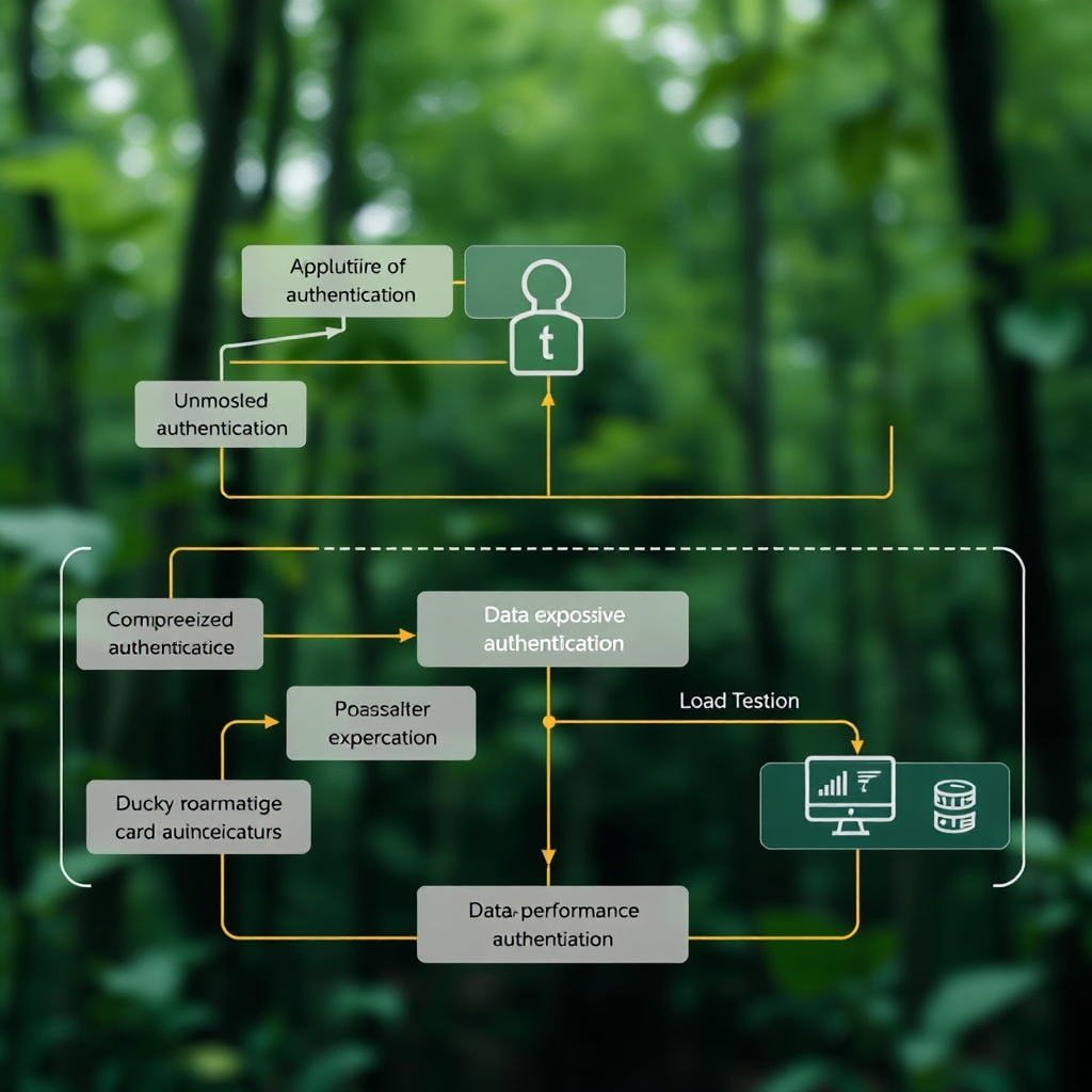 Diagram showing the security vulnerability in load testing tools architecture, highlighting compromised authentication pathways and data exposure points in performance simulator environments