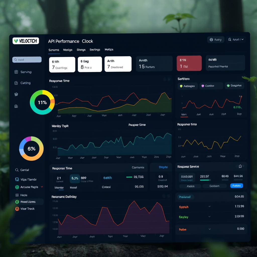 VelocityCheck dashboard interface showing real-time API performance metrics with dark theme, featuring colorful charts, response time graphs, and monitoring widgets in a modern developer-friendly UI