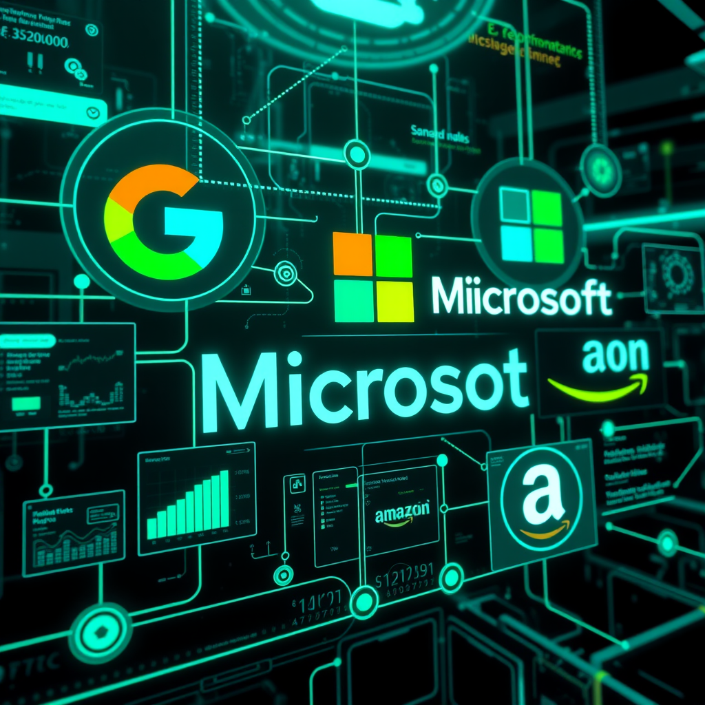 Futuristic digital visualization showing interconnected logos of Google, Microsoft, and Amazon with performance metrics dashboards, data streams, and standardization symbols in a dark hi-tech environment with turquoise and lime green accents