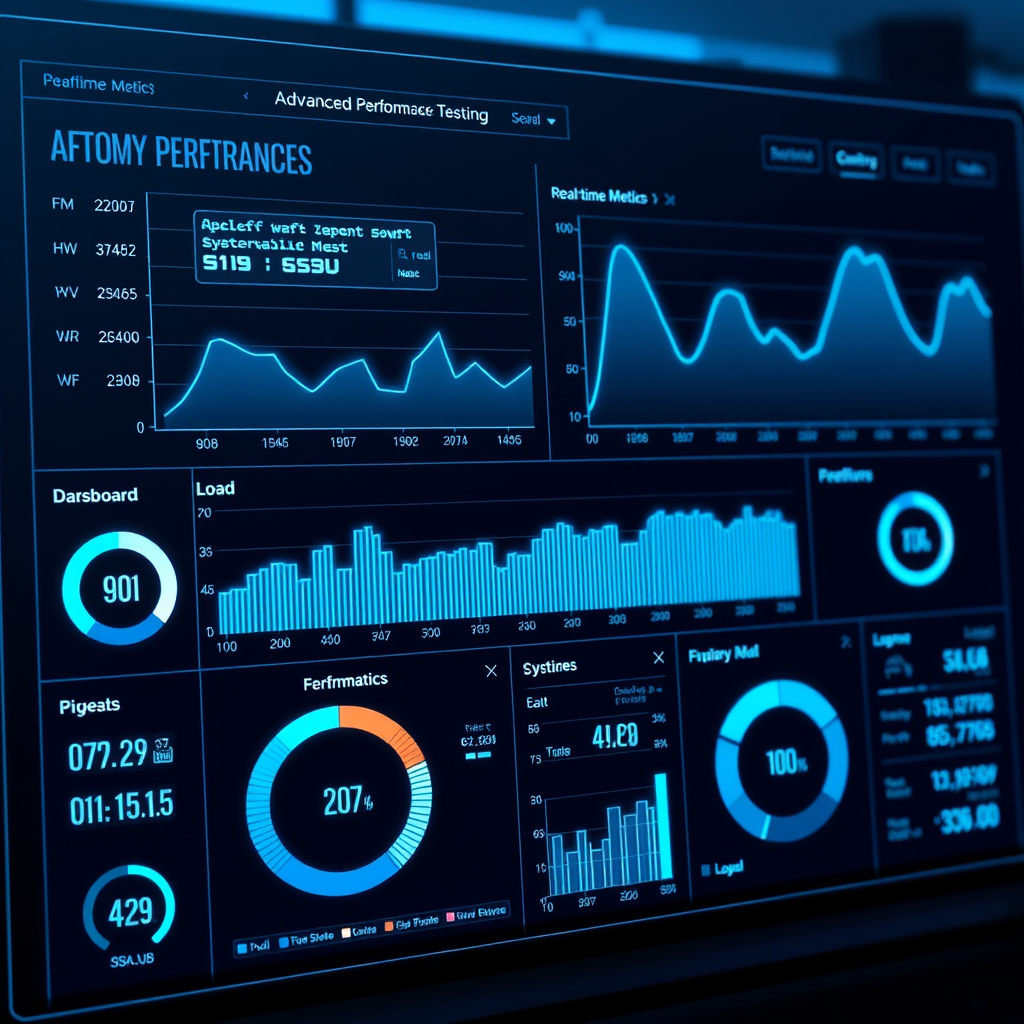 Advanced performance testing dashboard showing real-time metrics, load graphs, and system performance indicators with neon blue interface elements