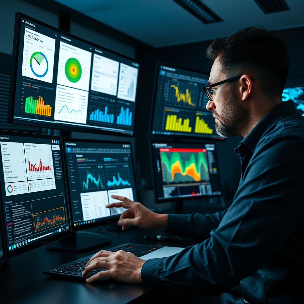 Professional UI/UX analyst examining multiple device screens showing interface testing results with performance metrics, usability heatmaps, and accessibility compliance reports in a modern dark-themed workspace