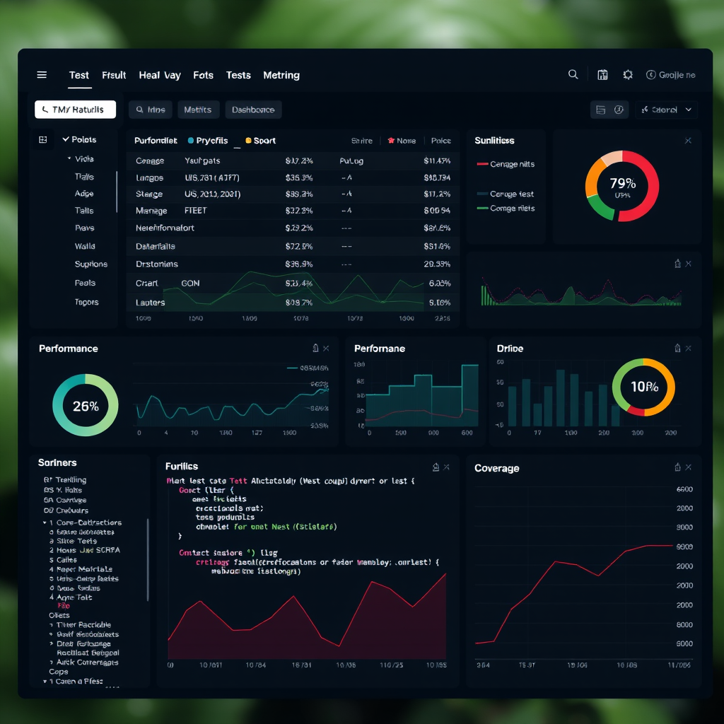 Modern automated testing dashboard showing test execution results, performance metrics, and code coverage statistics with dark theme interface