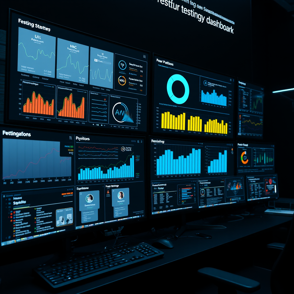 Modern testing strategy dashboard showing performance metrics, UI analysis charts, and logic module configurations on multiple monitors in a dark hi-tech environment