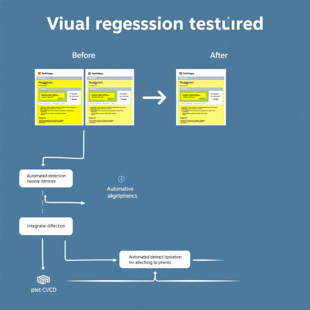 Visual regression testing workflow diagram showing before and after UI screenshots comparison with highlighted differences in yellow, automated detection algorithms, and integration with CI/CD pipelines