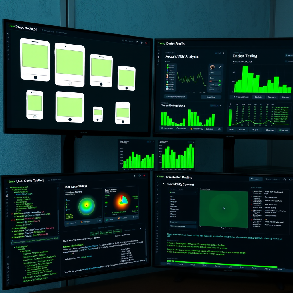 Modern UI/UX testing interface showing multiple device mockups, accessibility analysis tools, and user experience heatmaps on dark screens with lime green highlights and terminal-style code snippets