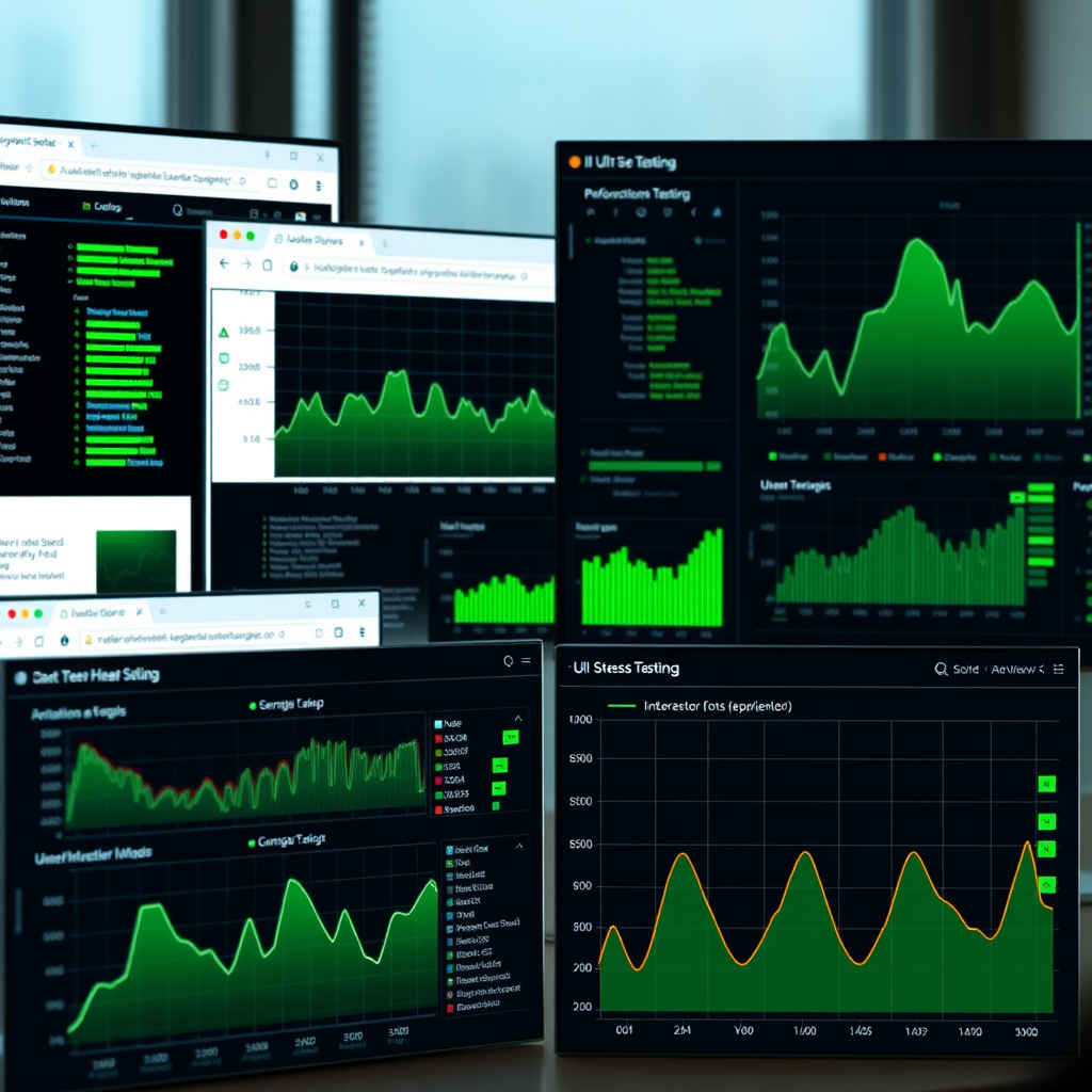 UI stress testing interface showing multiple browser windows, performance graphs, and user interaction heatmaps with green accent highlights