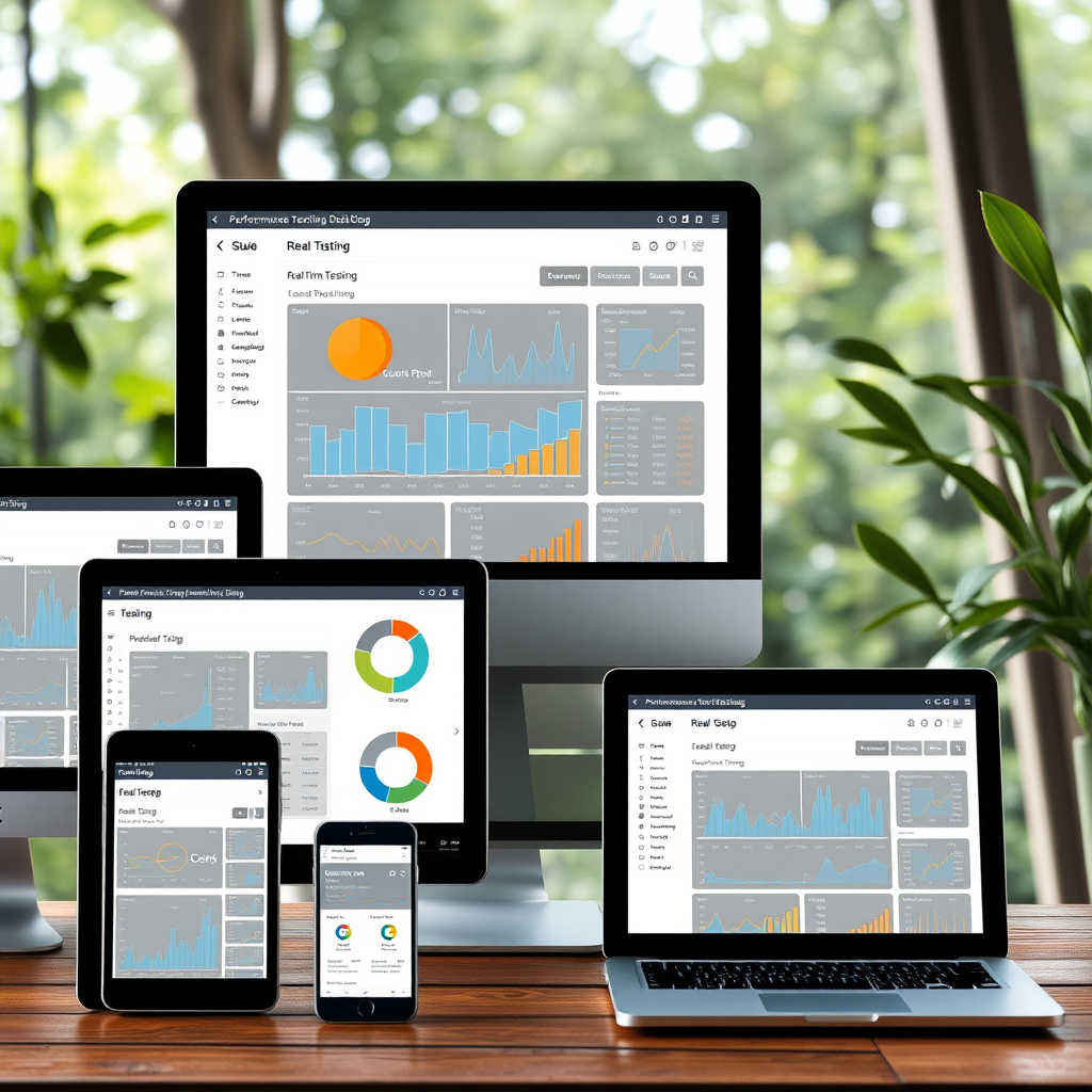Multiple device screens displaying performance testing dashboard with real-time metrics, load testing graphs, cross-browser compatibility results, and responsive design validation across smartphones, tablets, and desktop computers