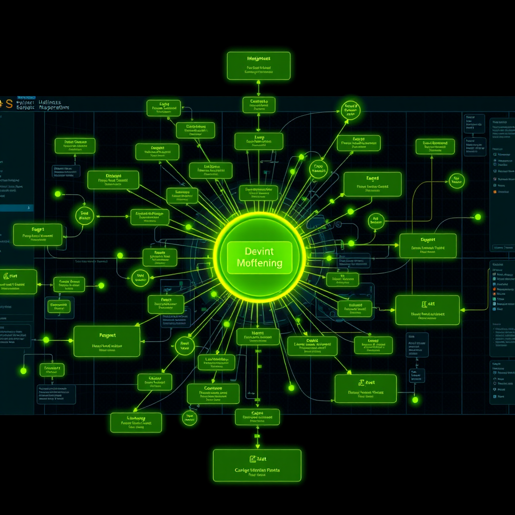 Complex business workflow visualization with interconnected nodes, decision points, and process flows displayed in a high-tech interface with lime green connections and yellow highlights