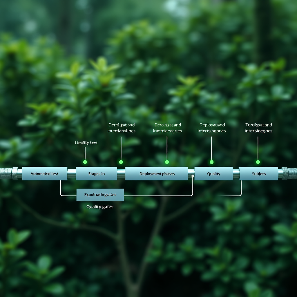 Continuous integration pipeline visualization showing automated test stages, deployment phases, and quality gates with green success indicators
