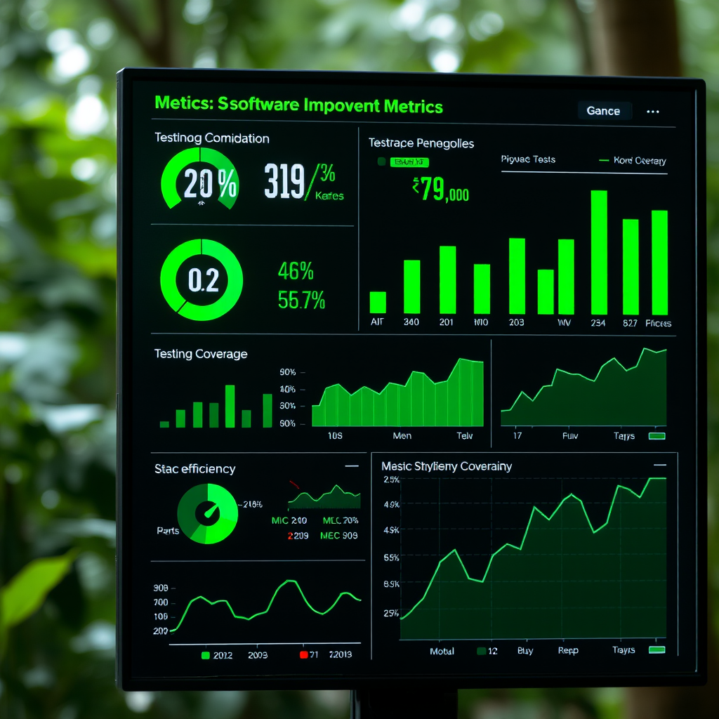 Vertical display showing software quality improvement metrics with green performance indicators, testing coverage charts, and efficiency graphs in a terminal-style interface