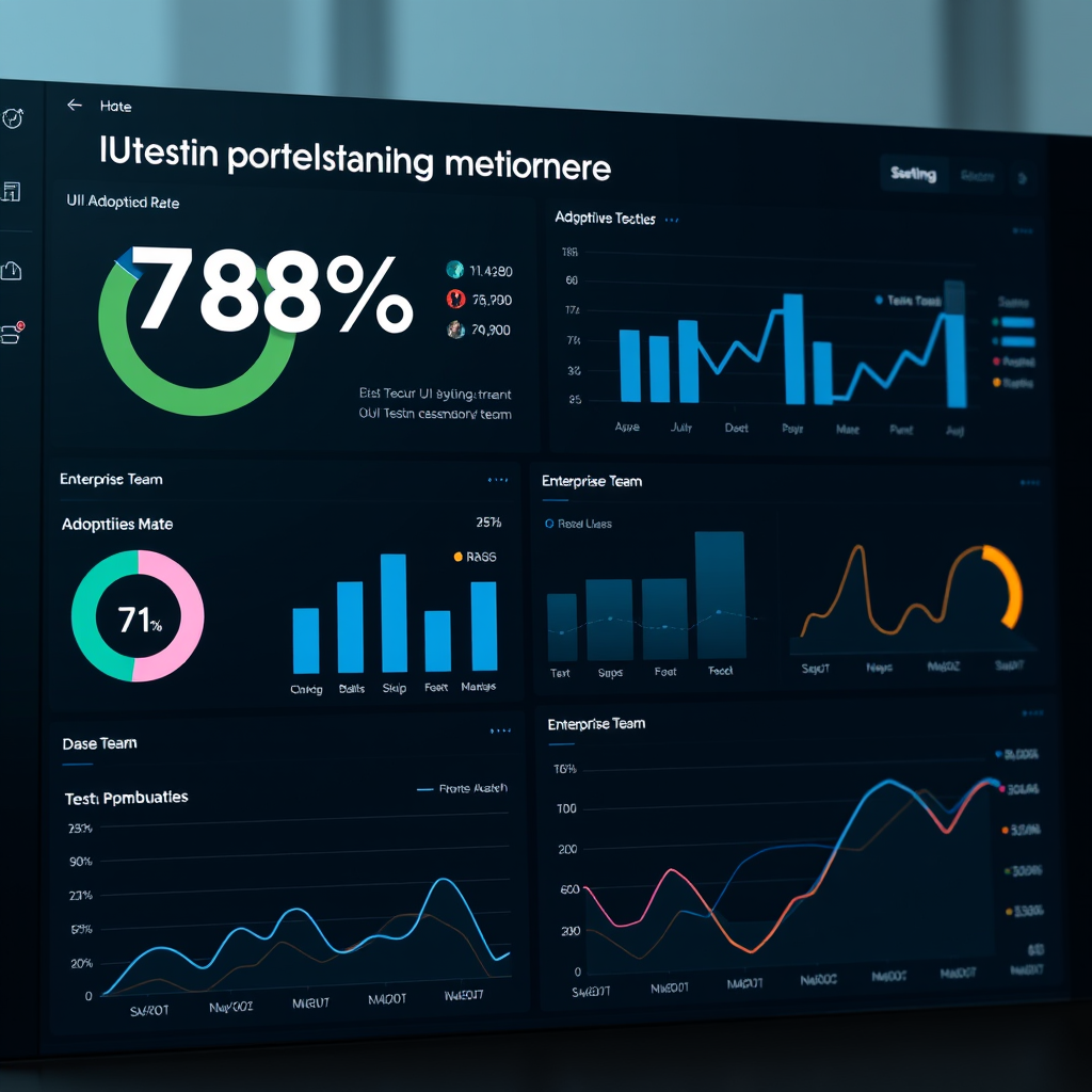 Professional analytics dashboard displaying UI testing automation statistics with 78% adoption rate prominently shown, featuring charts, graphs, and enterprise team data visualization on a dark high-tech interface