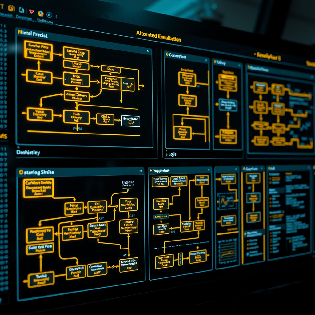 Advanced logic process emulation dashboard displaying complex flowcharts, decision trees, and algorithmic workflows with yellow neon connections and dark terminal background showing automated business process simulations