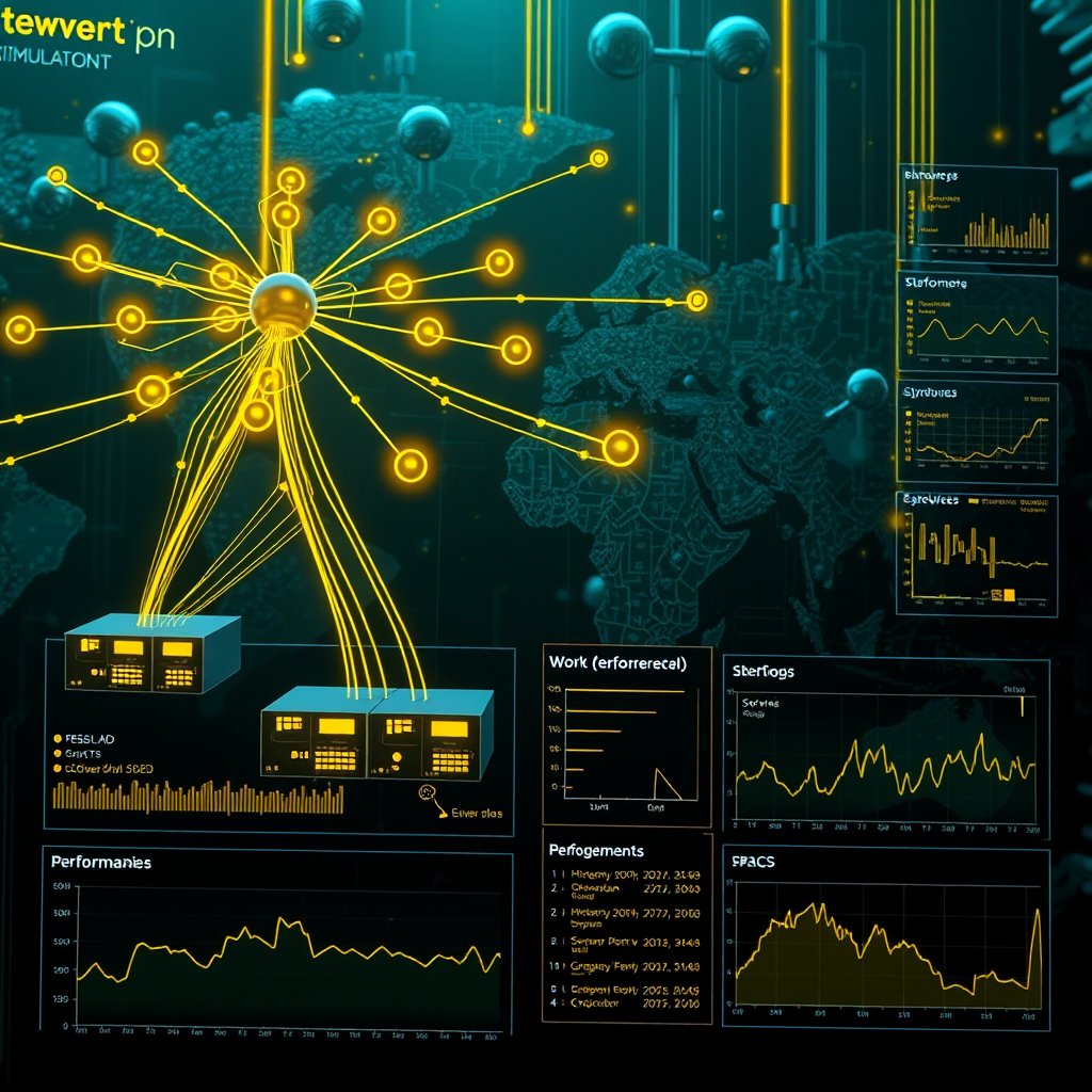 Real-world simulation environment showing network topology, server clusters, and performance metrics with yellow neon accents