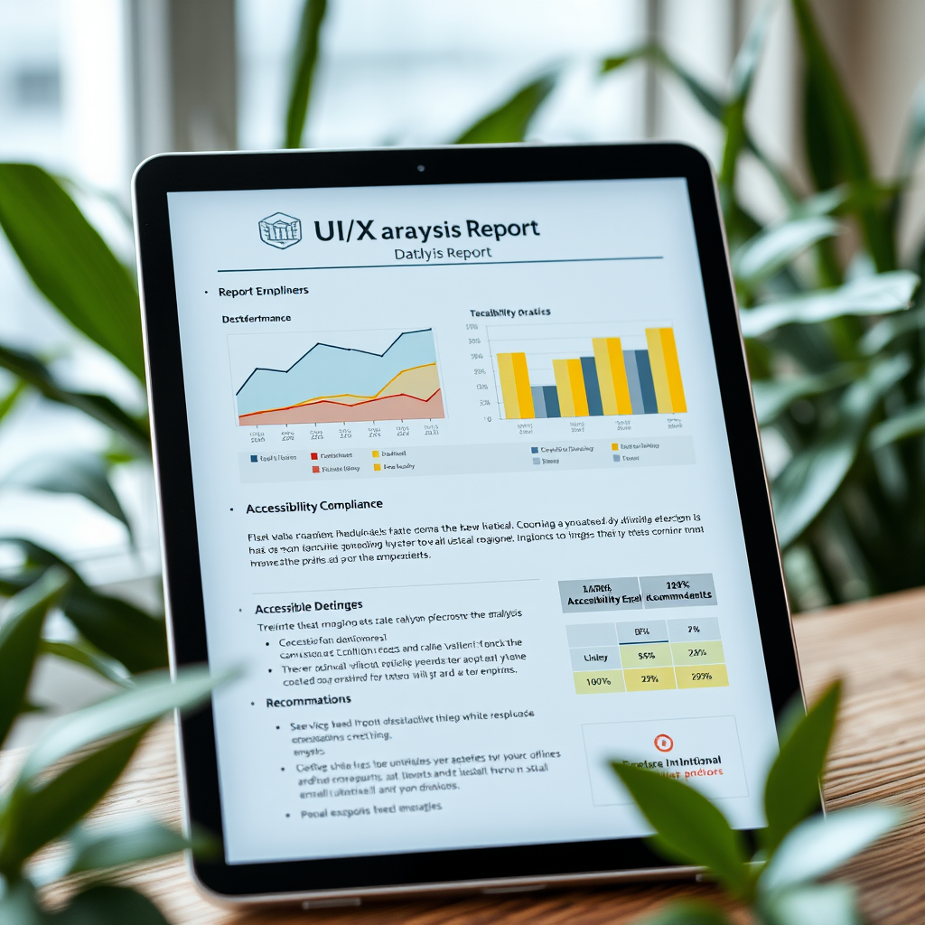 Detailed UI/UX analysis report displayed on a tablet showing performance graphs, usability scores, accessibility compliance ratings, and visual design recommendations with highlighted areas for improvement
