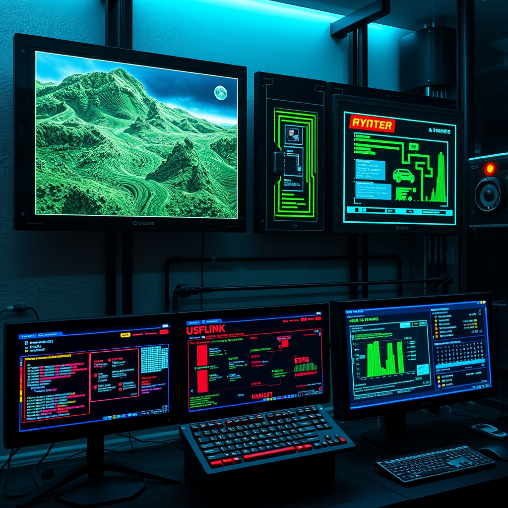 Advanced logic process emulation interface showing multiple virtual environments, performance simulators, and UI stress test modules with terminal-like displays and neon-colored data visualizations