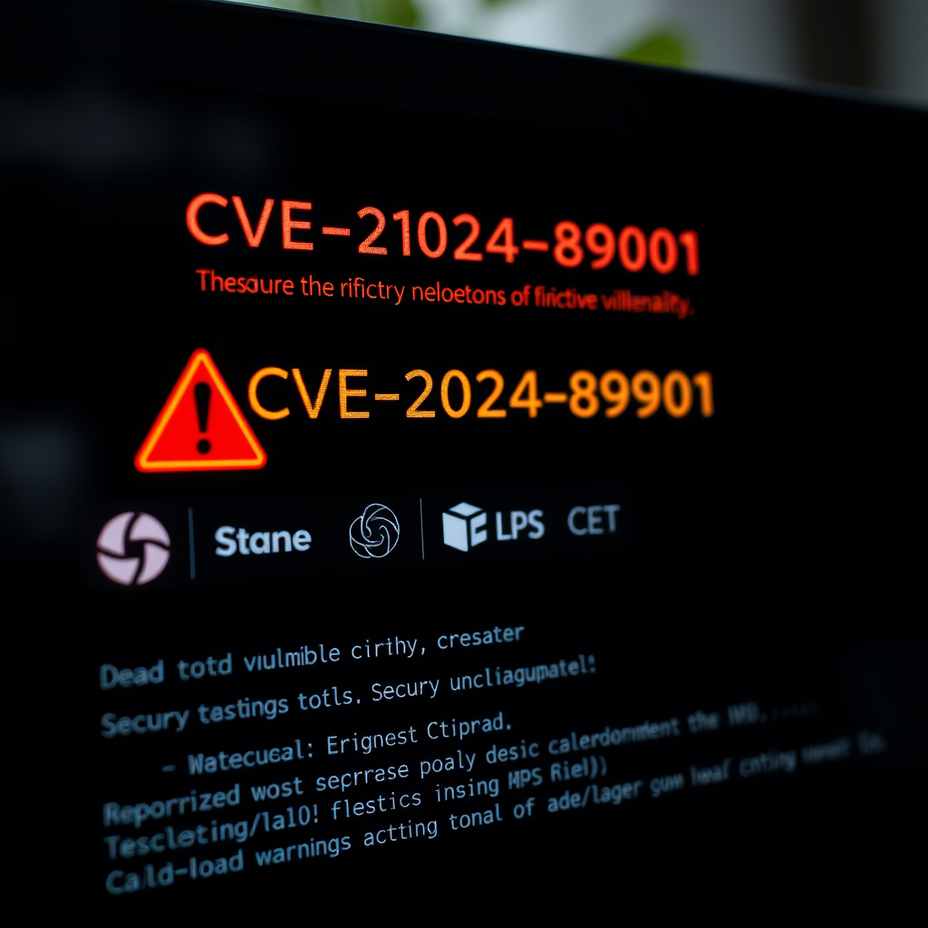 Critical security vulnerability warning screen showing CVE-2024-8901 alert with red warning indicators, affected load testing tools logos, and security patch information displayed on a dark terminal interface