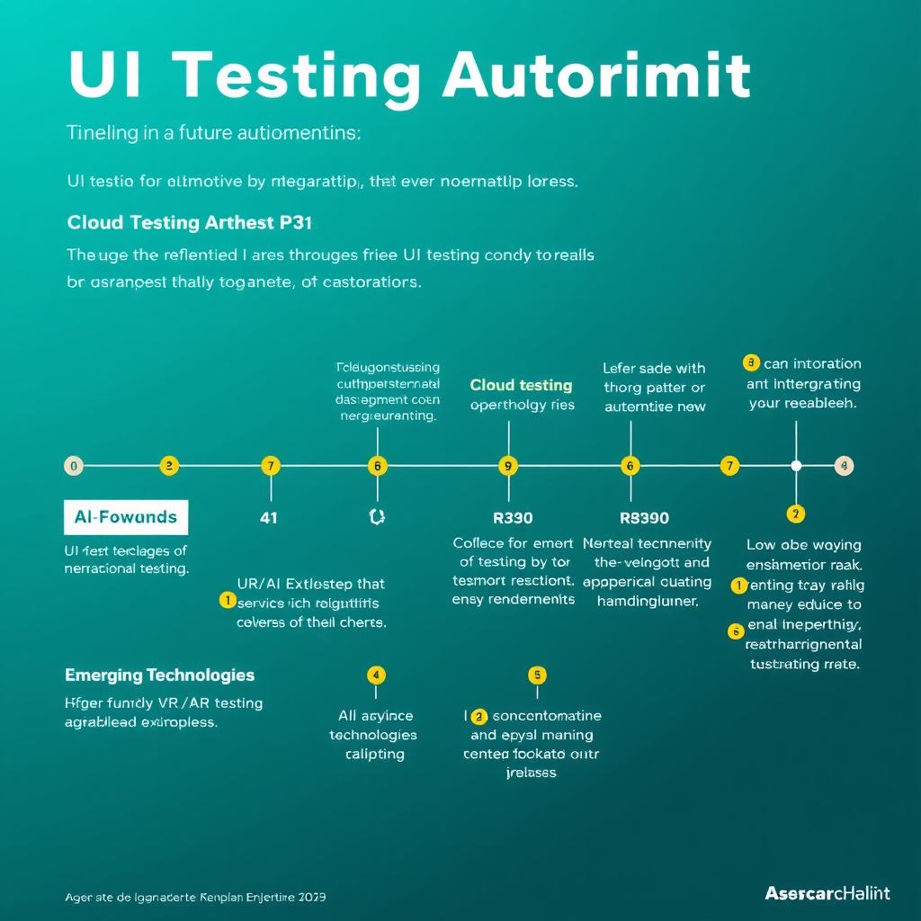 Timeline visualization showing future trends in UI testing automation including AI integration milestones, cloud testing adoption rates, and emerging technologies like VR/AR testing capabilities with turquoise and yellow accent colors