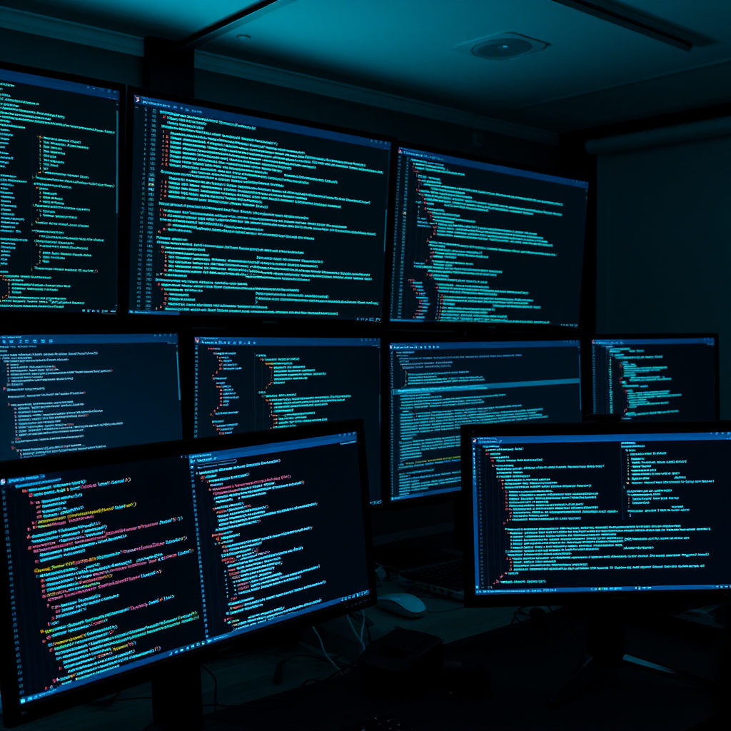 Automated testing environment with multiple code editors, continuous integration pipelines, and test automation frameworks displayed on dark monitors with turquoise code syntax highlighting and terminal windows