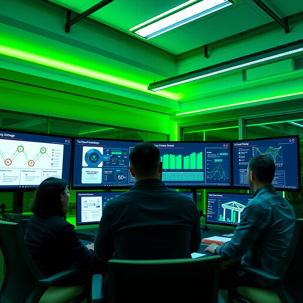 Professional consultation setup with multiple screens showing testing strategy diagrams, process optimization charts, and custom framework architectures in a high-tech office environment with lime green accent lighting